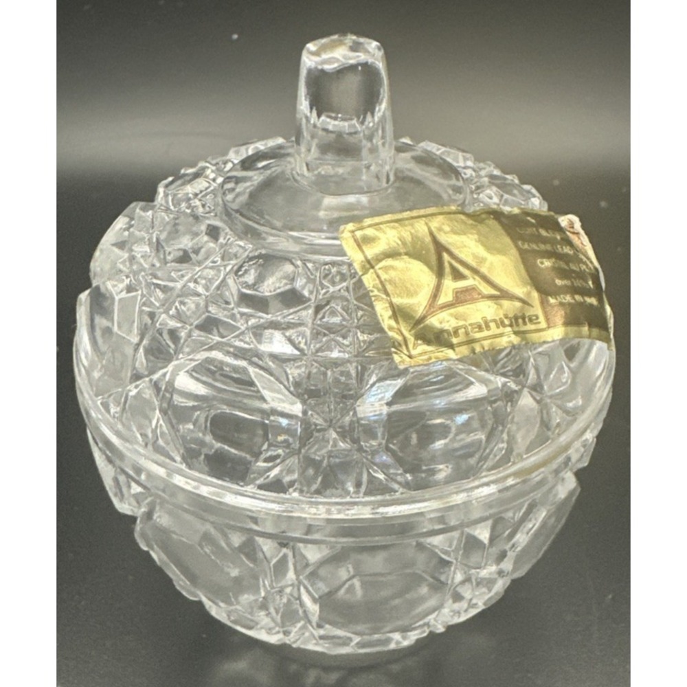 Vtg Anna Hutte Crystal Apple Shape Dish Trinket Box Jewelry Lead Crystal Germany
